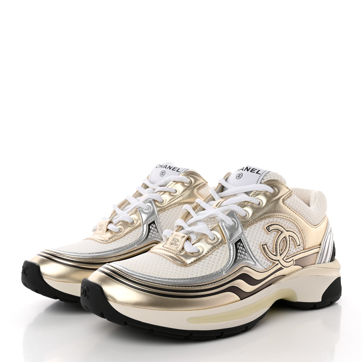 Chanel Fabric Laminated Calfskin Stretch CC Womens Sneakers 38 White Gold Silver 3 of 10