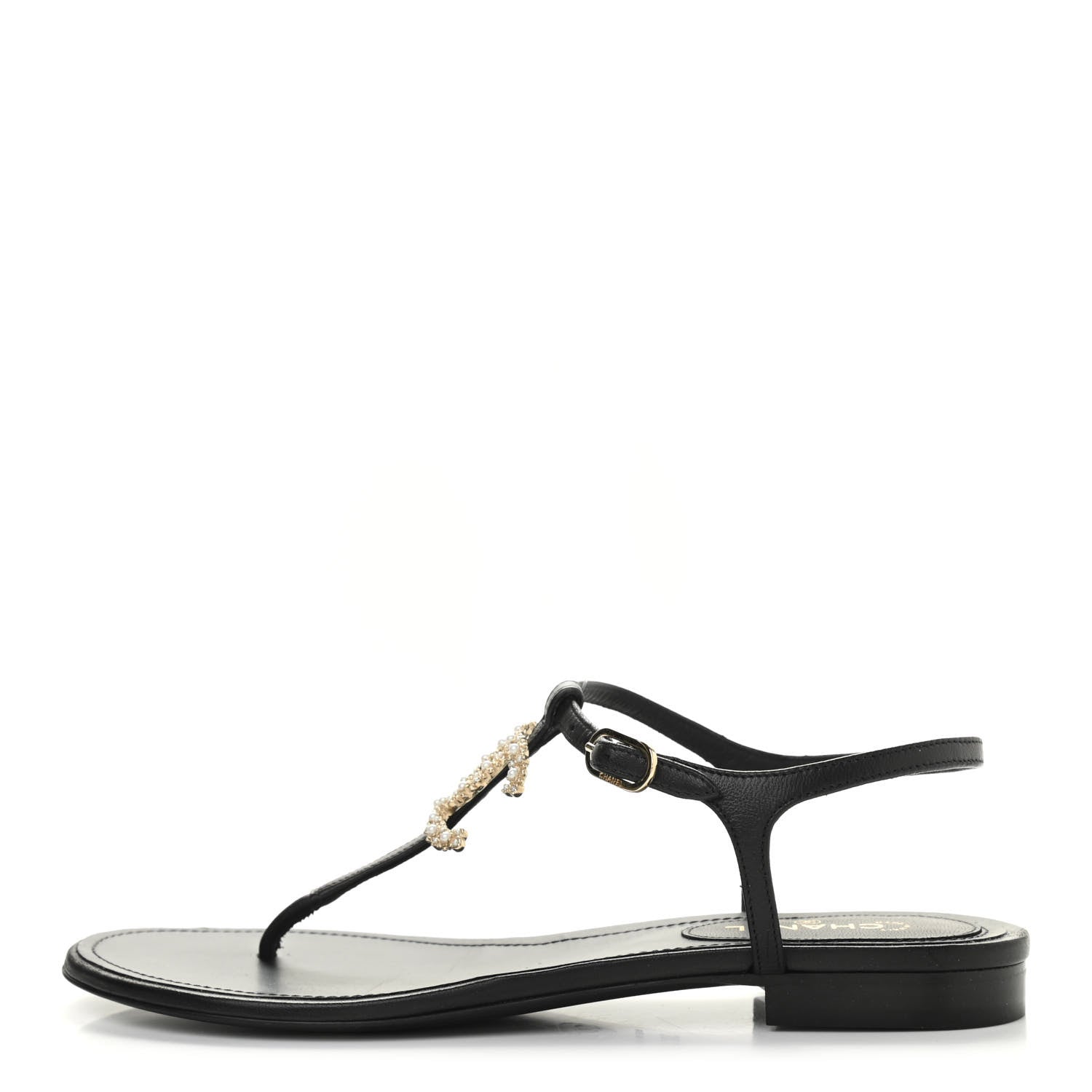 Chanel Calfskin Pearl Crystal CC Charm Thong Sandals 38.5 Black 1 of 9
