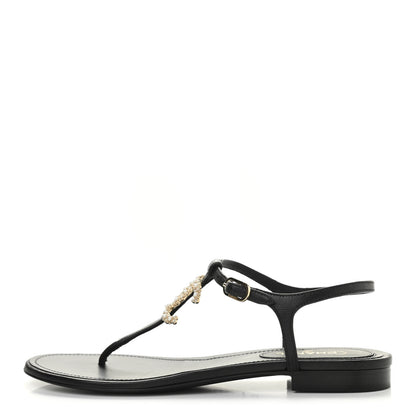 Chanel Calfskin Pearl Crystal CC Charm Thong Sandals 38.5 Black 1 of 9