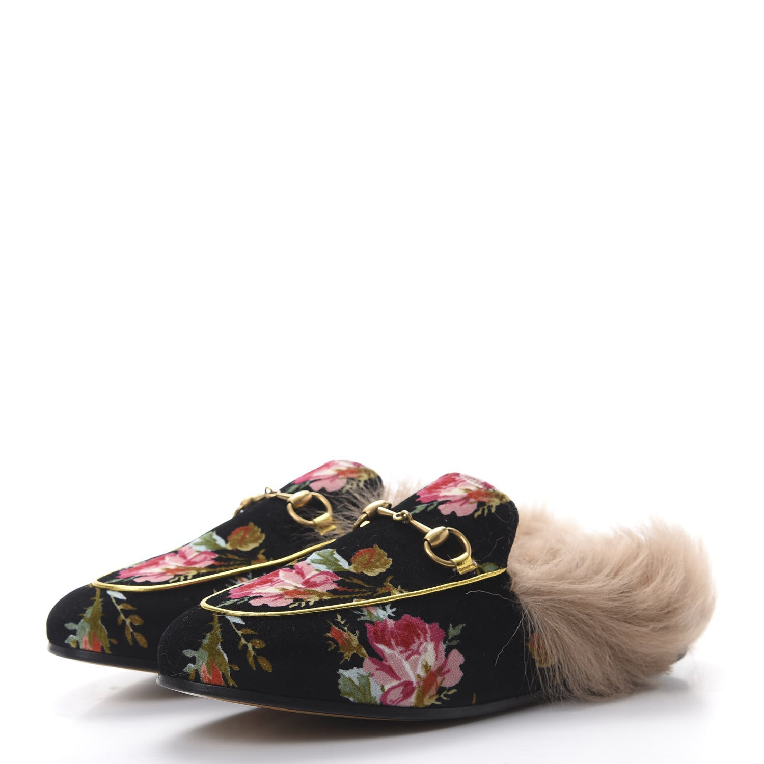 Gucci Velvet Fur Floral Womens Princetown Slippers 37 Black 3 of 8