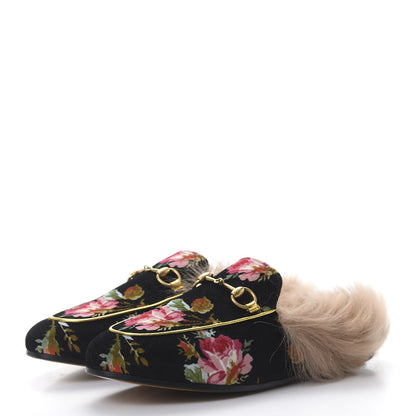 Gucci Velvet Fur Floral Womens Princetown Slippers 37 Black 3 of 8