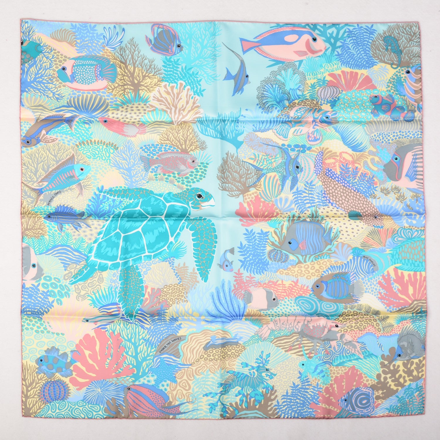 Hermes Silk Under The Waves Scarf 90 Aqua Rose Pale Turquoise 2 of 8