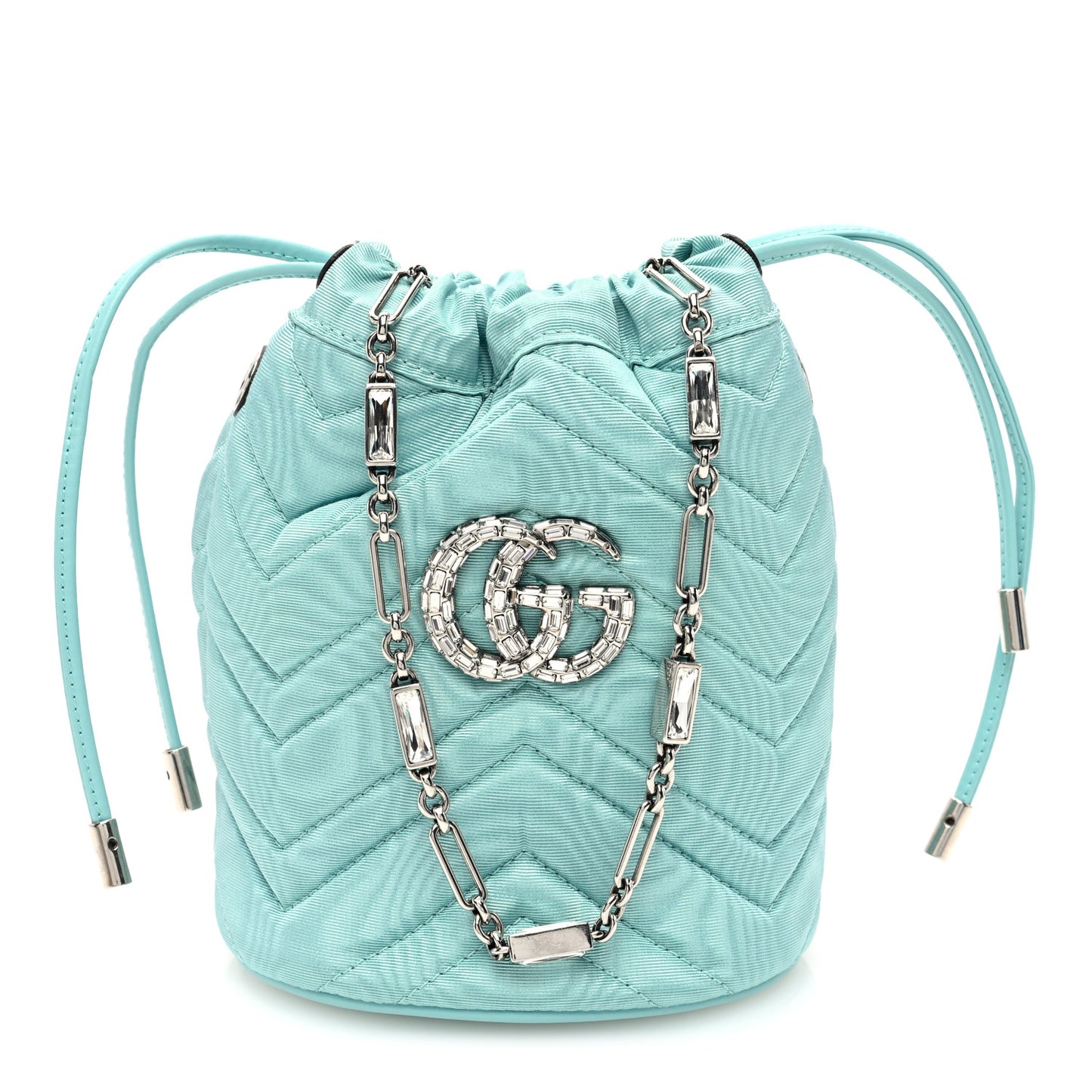 Moire Fabric Calfskin Crystal Matelasse Mini GG Marmont 2.0 Bucket Bag Dark Ocean Wave Crystal