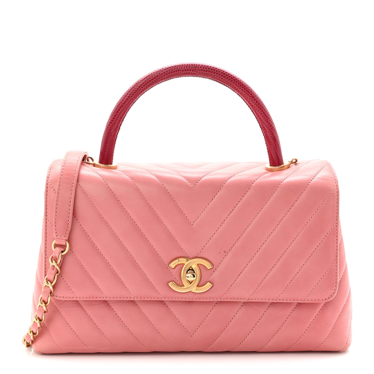 Chanel Calfskin Lizard Chevron Quilted Small Coco Handle Flap Pink 1 of 13