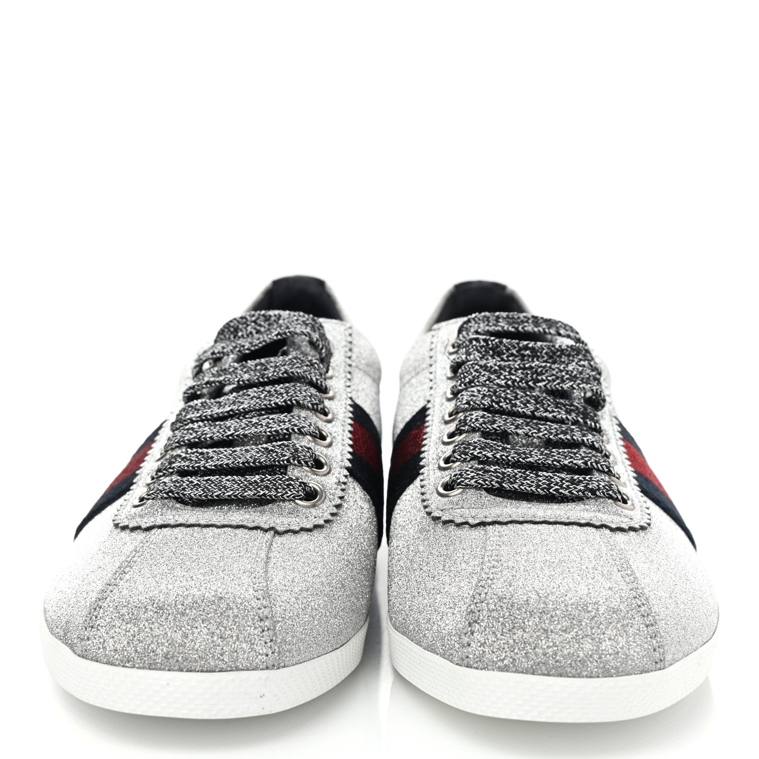 Gucci Glitter Fabric Studded Web Womens Sneakers 38 Silver 2 of 10