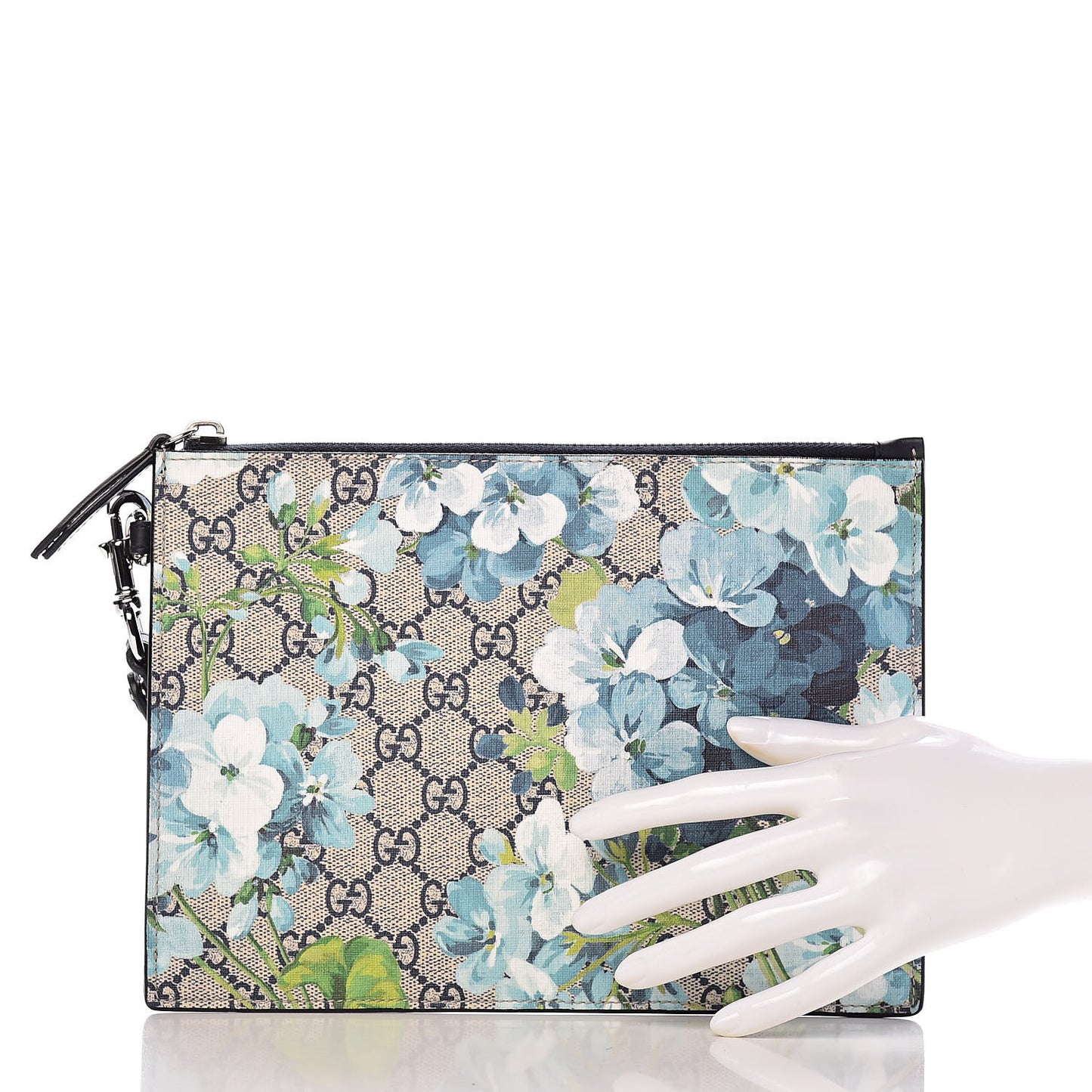GG Supreme Monogram Blooms Small Zip Wristlet Pouch Beige Blue Black