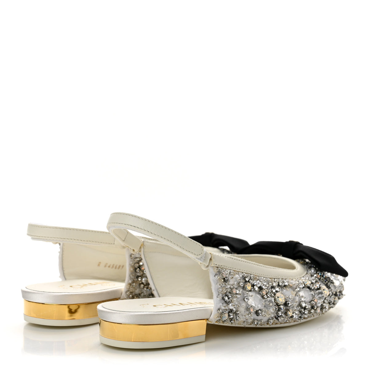 Satin Crystal Lambskin Grosgrain Bow CC Slingback Flats 35 White Black
