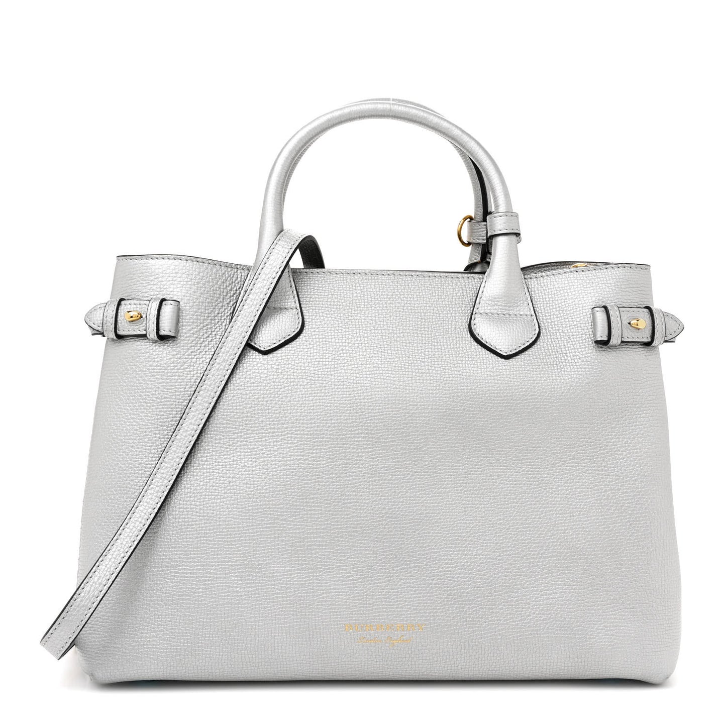 Metallic Grainy Calfskin House Check Medium Banner Tote Silver