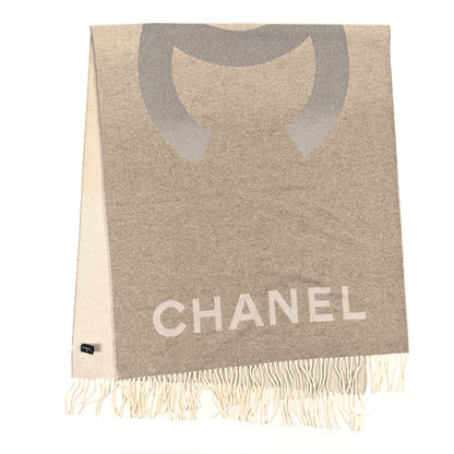 Chanel Cashmere Silk Logo Fringe Stole Beige Anthracite 2 of 3