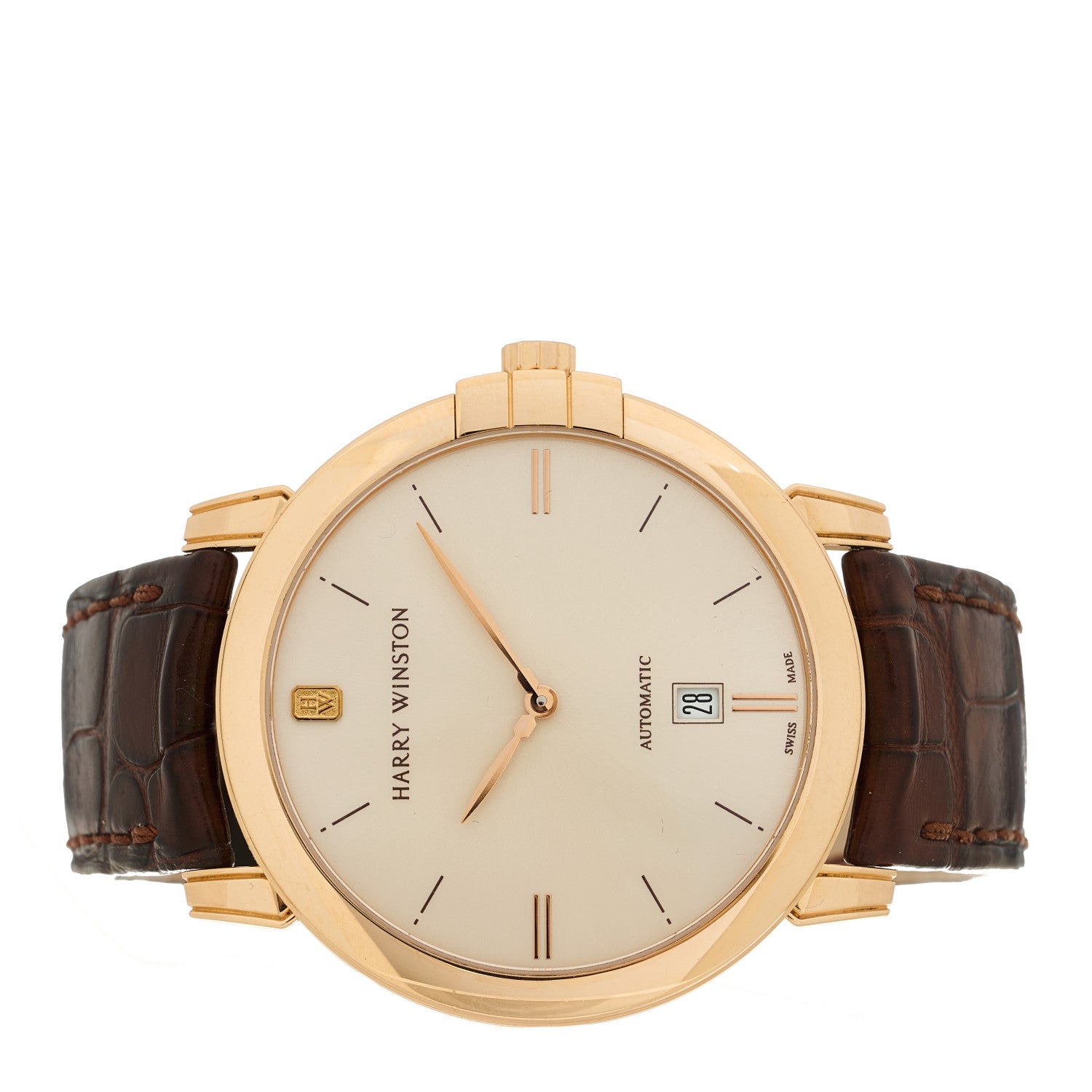 Harry Winston 18K Rose Gold Alligator 42mm Midnight Automatic Watch Champagne 2 of 5