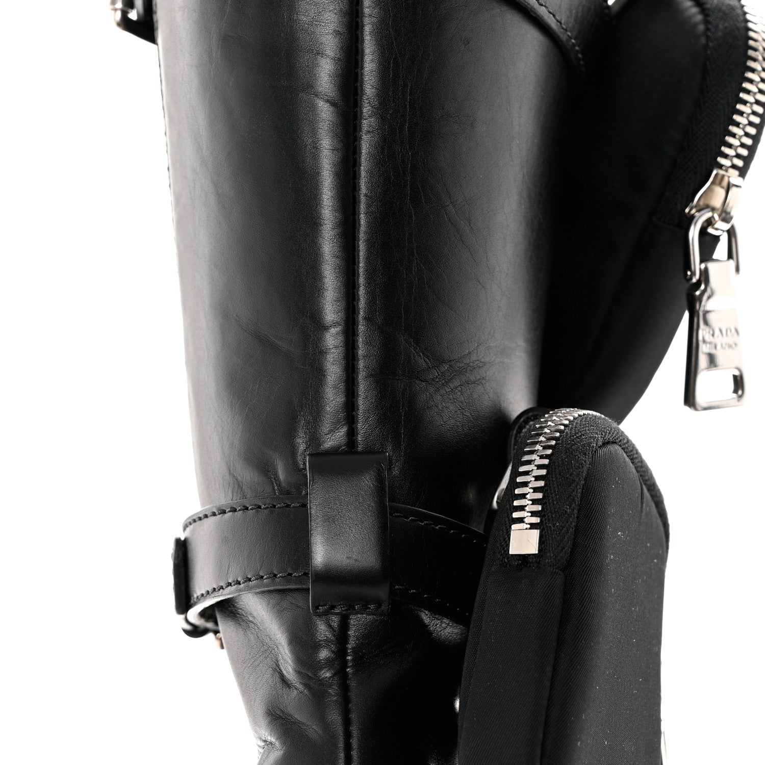 Prada Vitello Lux Nylon Metal Triangle Logo Monolith Pouch Pocket 55mm Tall Combat Boots 36 Black 12 of 13