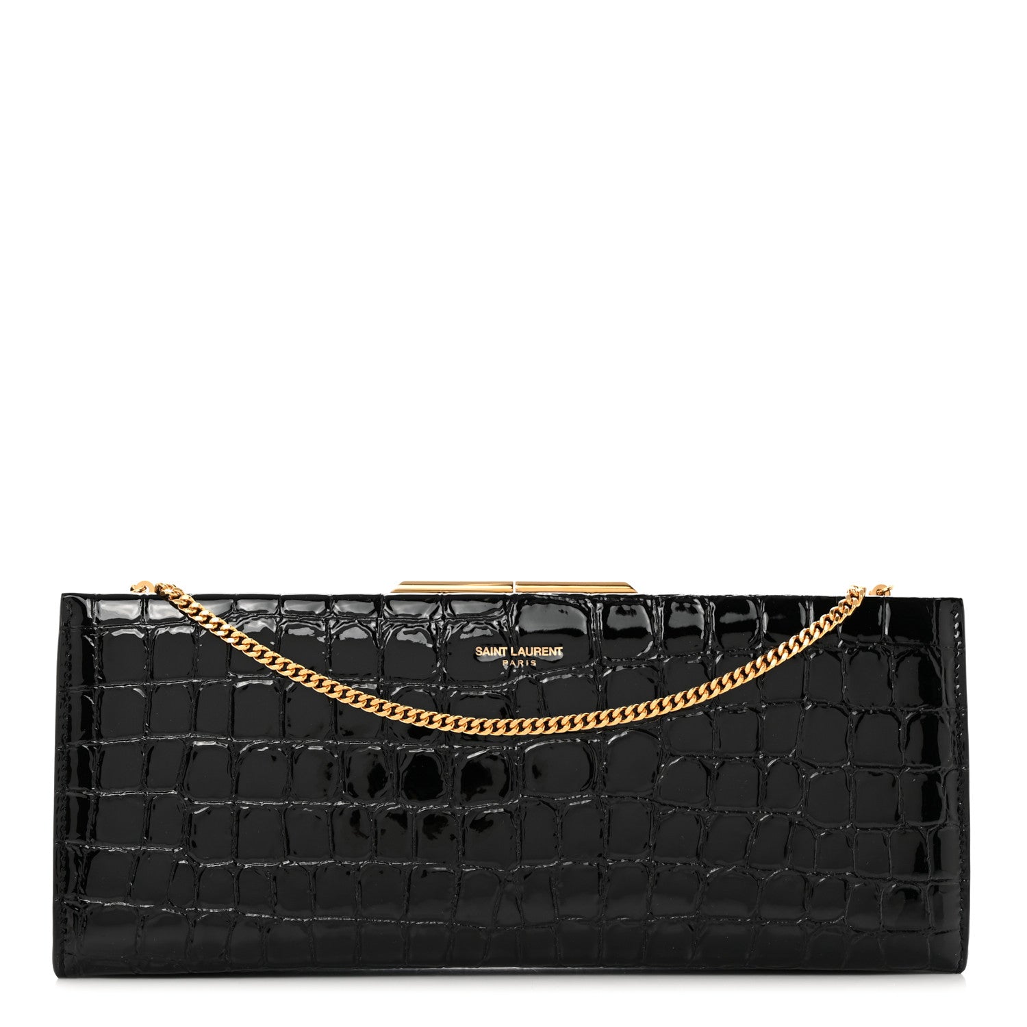 Saint Laurent Lacquered Calfskin Crocodile Embossed Small Midnight Clutch Black 1 of 11