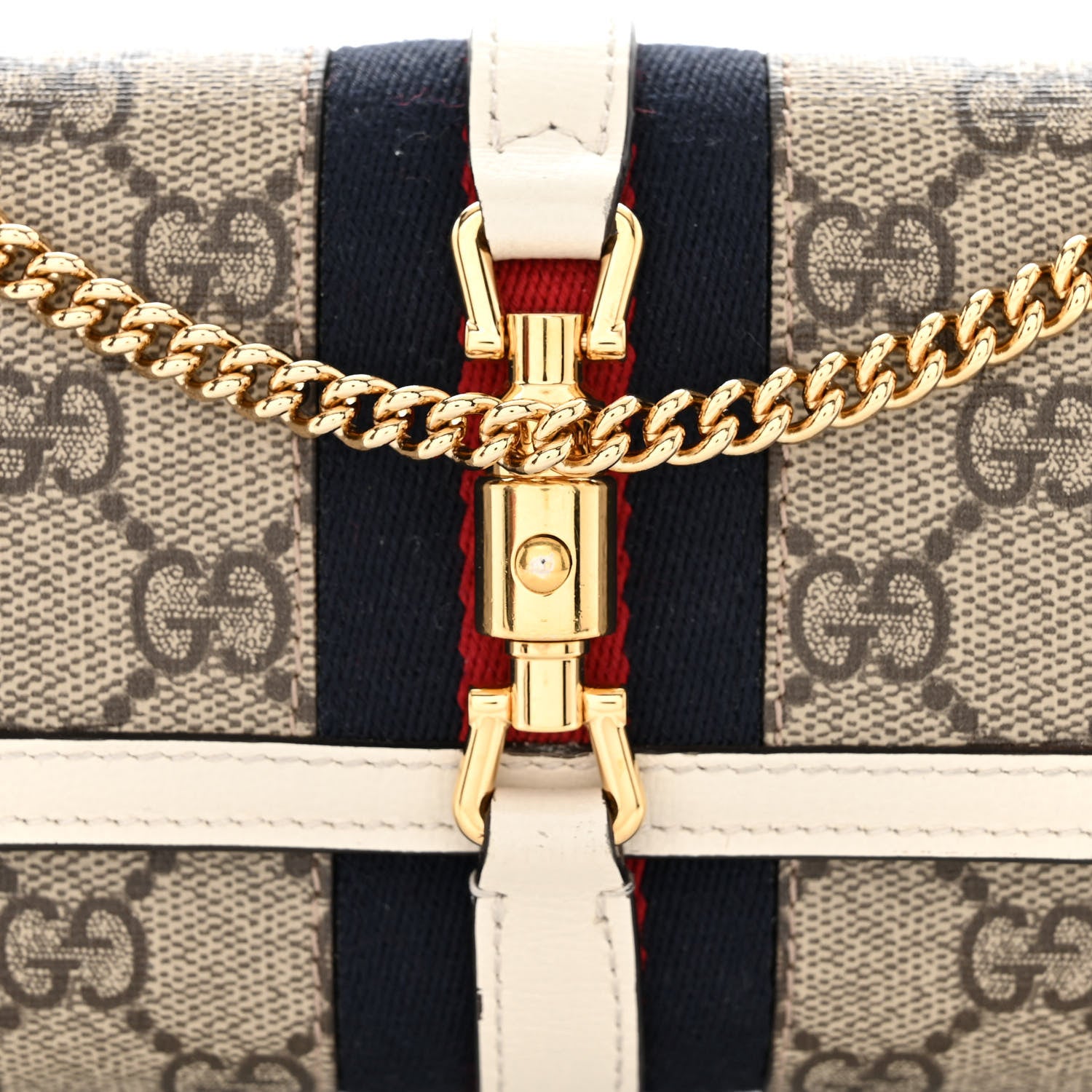Gucci GG Supreme Monogram Textured Calfskin Web Jackie 1961 Chain Wallet Beige Ebony Mystic White 8 of 11