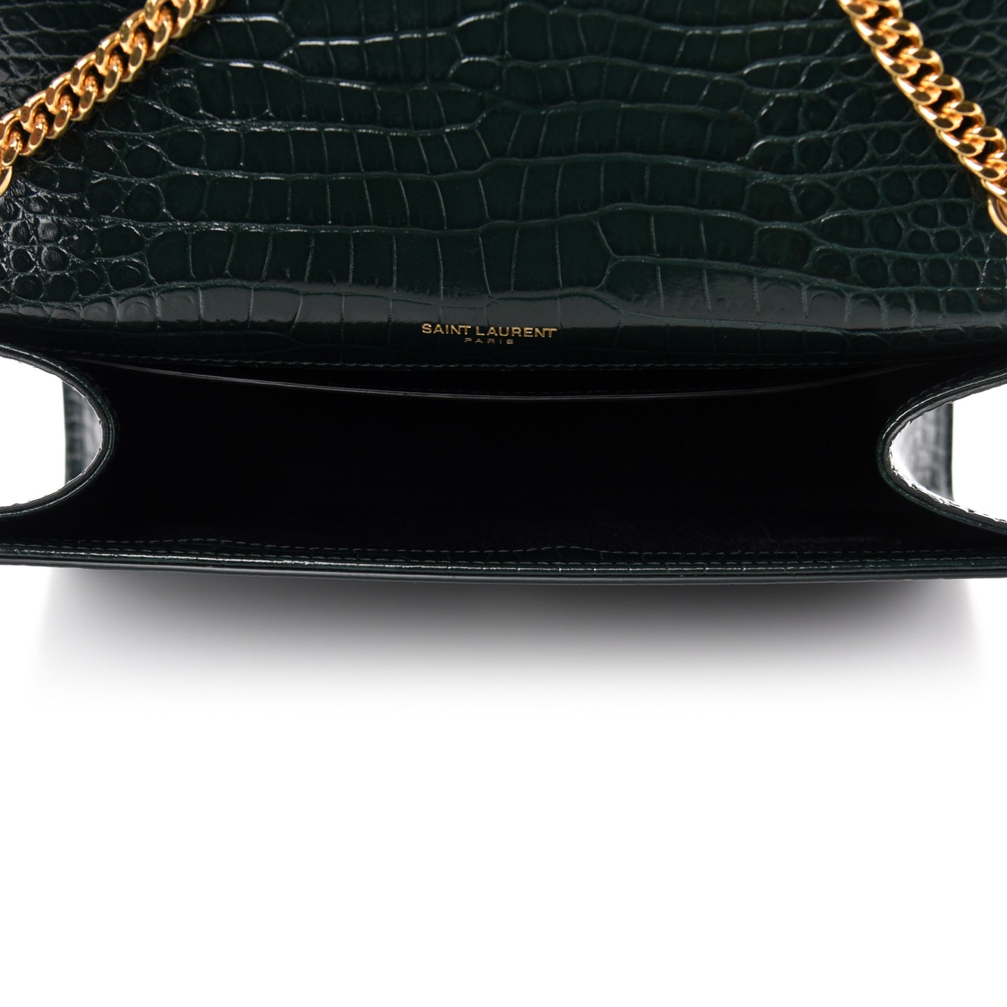 Calfskin Crocodile Embossed Medium Classic Monogram Kate Tassel Satchel Dark Green