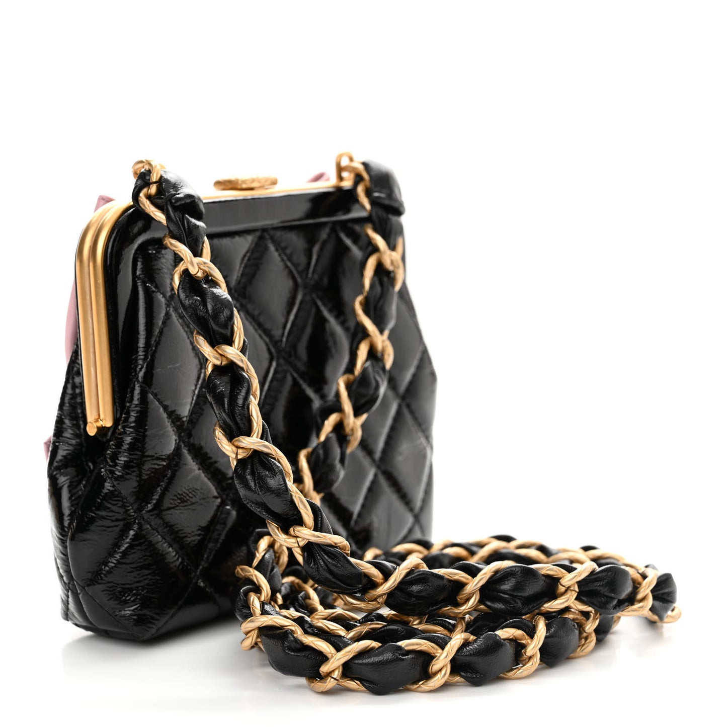 Patent Crumpled Lambskin Quilted Clutch With Chain Black Pink