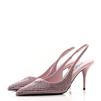 Prada Satin Crystal Triangle Logo 85mm Slingback Pumps 35 Alabastro 3 of 8