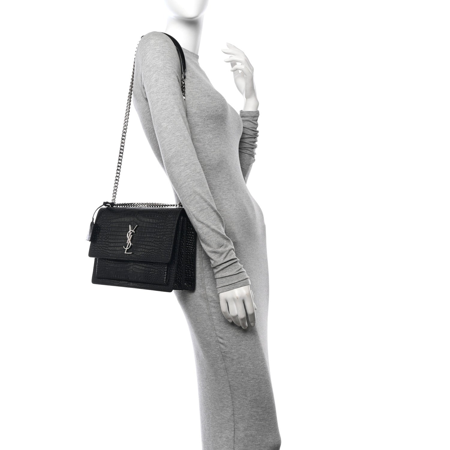 Saint Laurent Calfskin Crocodile Embossed Large Monogram Sunset Black 2 of 11