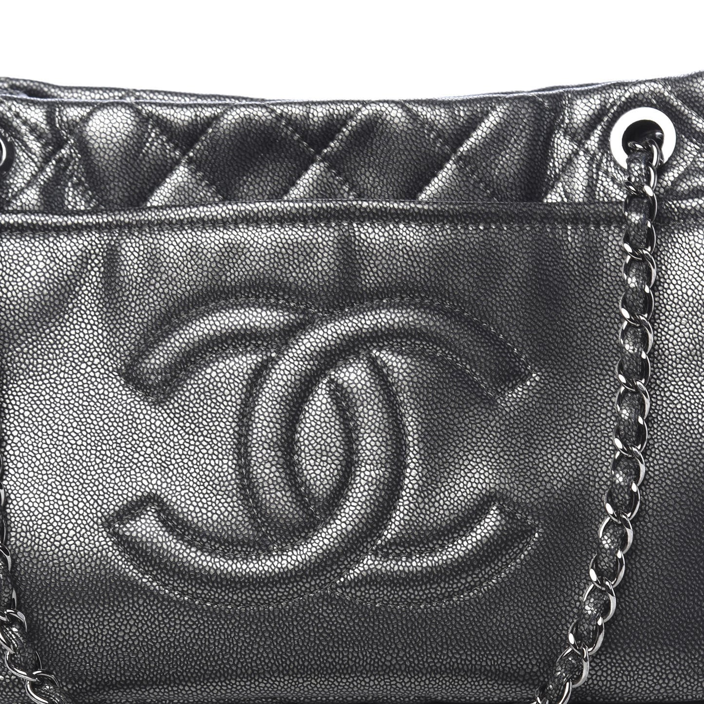 Metallic Caviar Quilted CC Timeless Tote Dark Silver