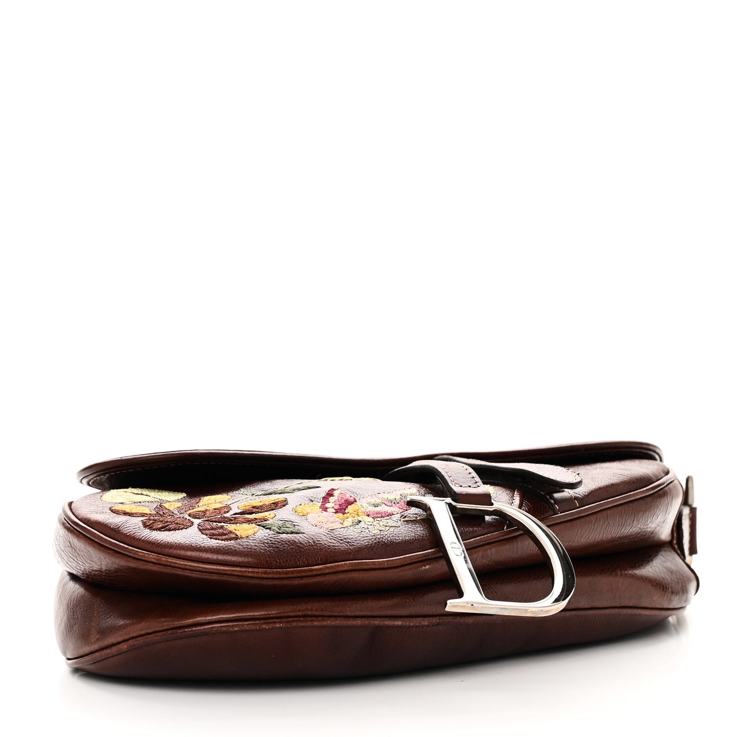 Calfskin Embroidered Romantic Flowers Saddle Bag Brown