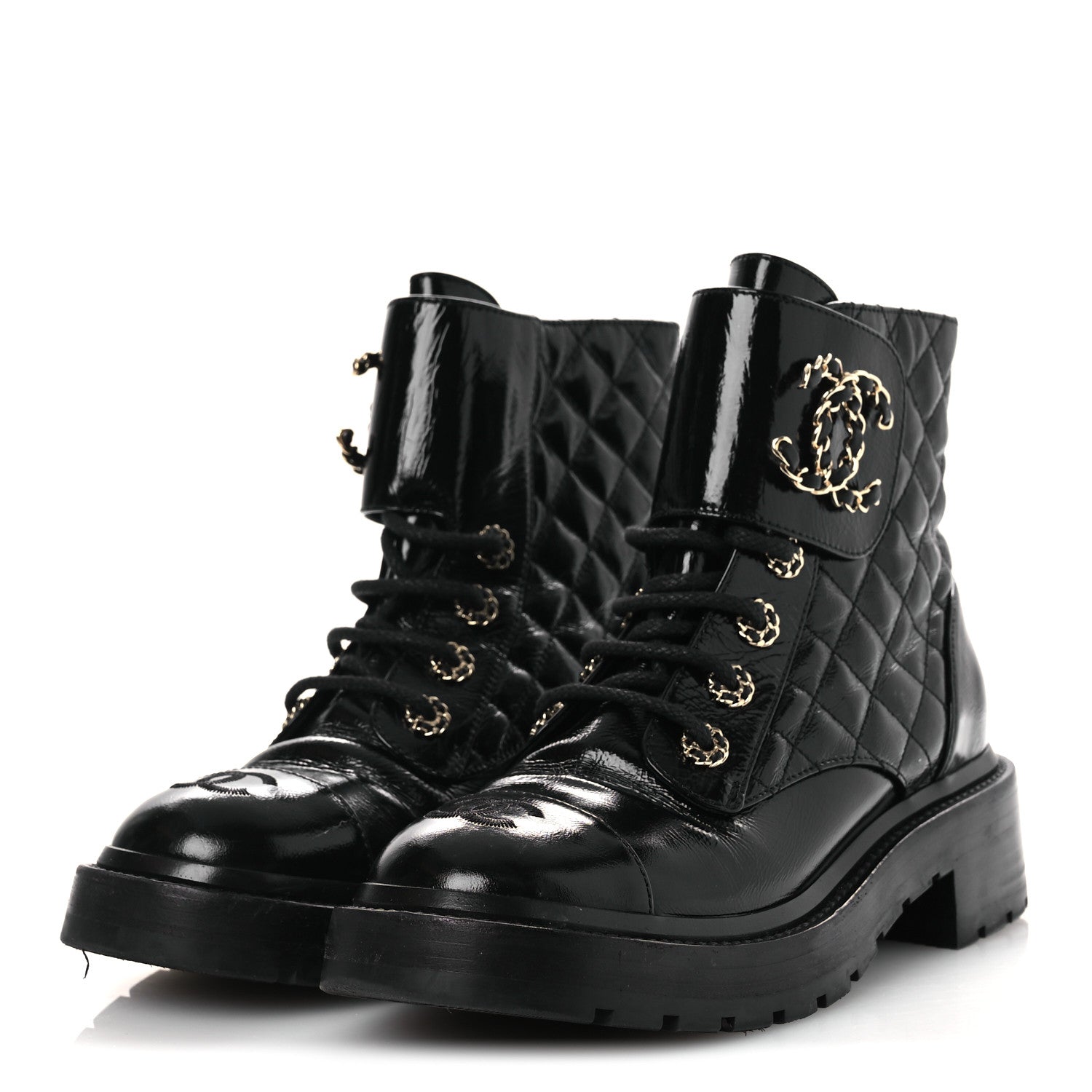 Chanel Shiny Calfskin Quilted Lace Up Combat Boots 37 Black 7 of 28