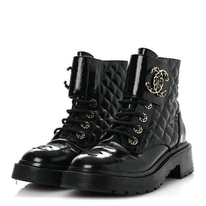 Chanel Shiny Calfskin Quilted Lace Up Combat Boots 37 Black 7 of 28