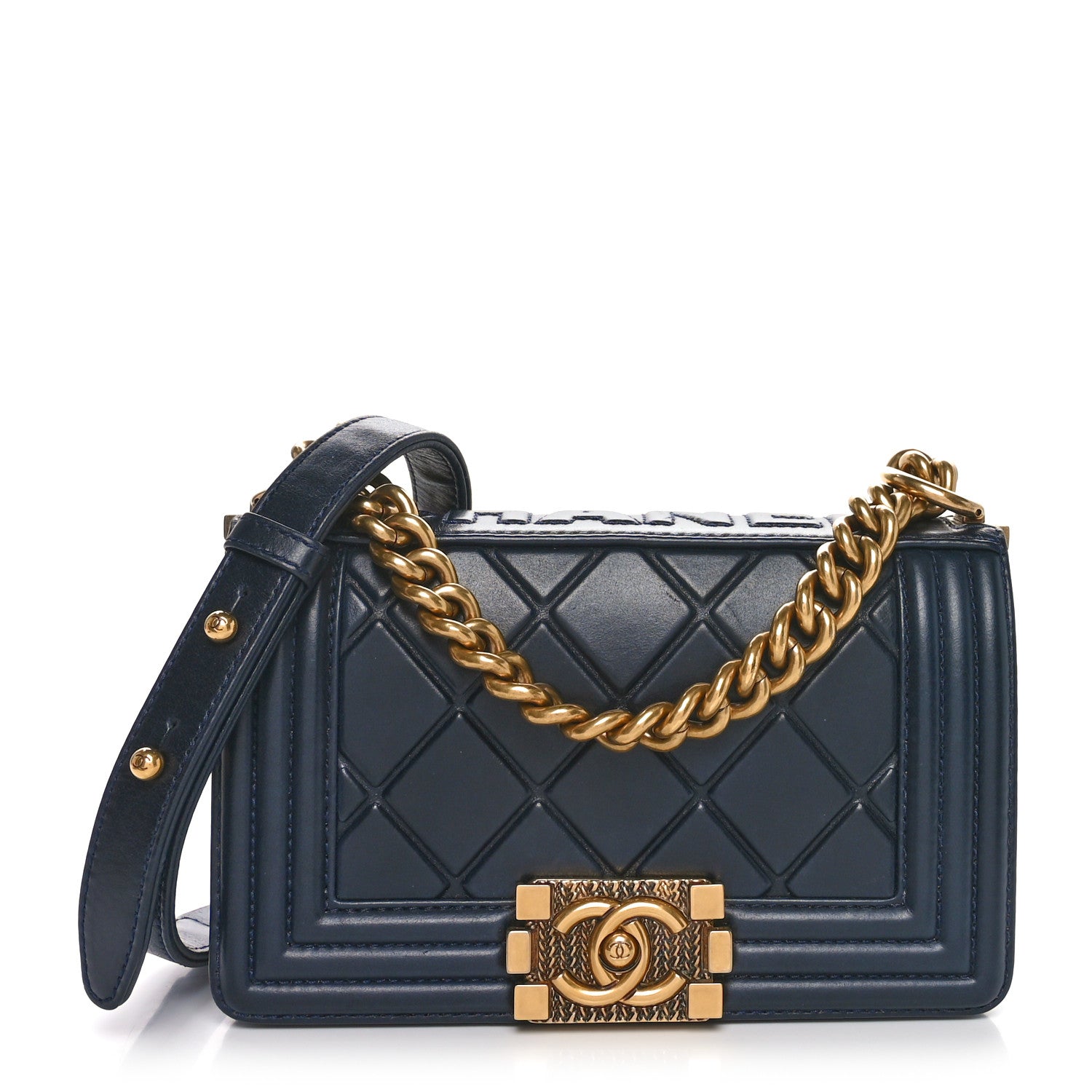 Chanel Calfskin Embossed Small Paris Salzburg Boy Flap Navy 1 of 10