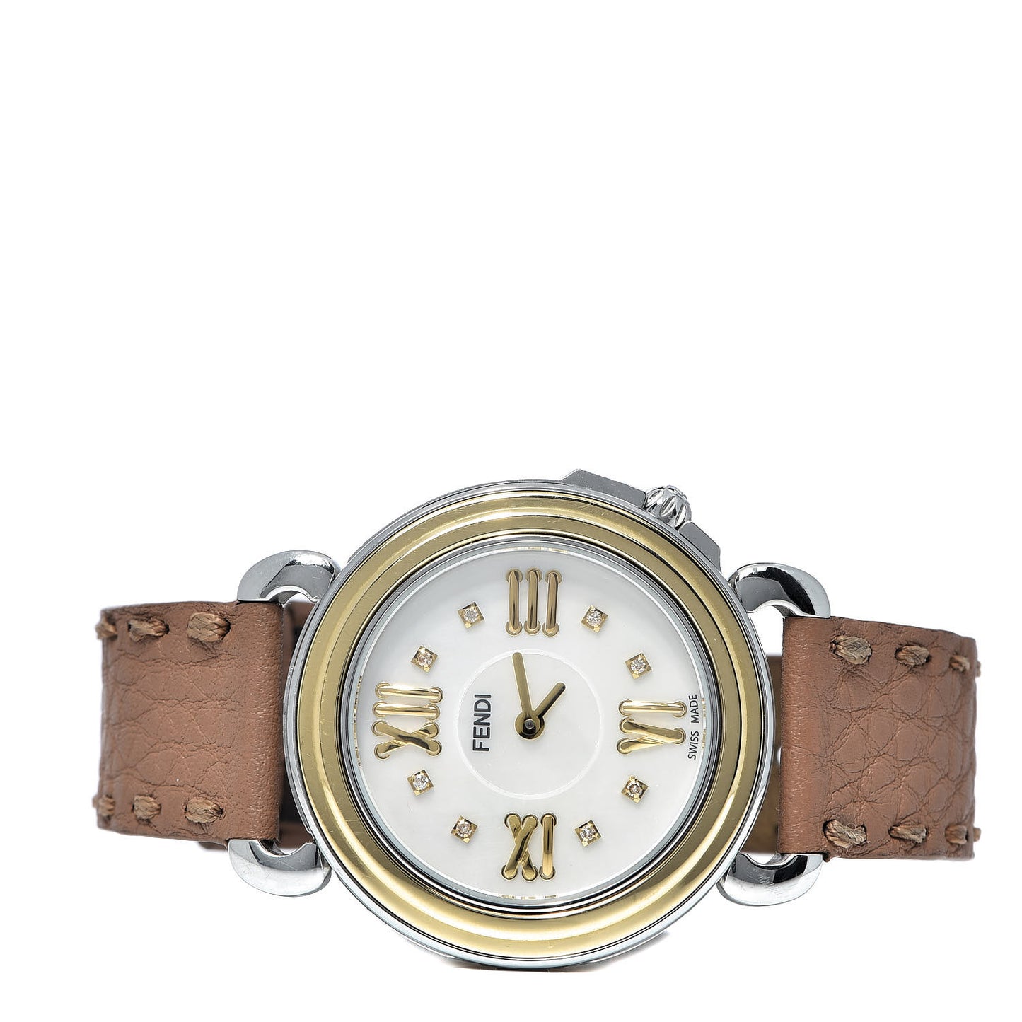 Stainless Steel Calfskin Diamond Mother of Pearl 37mm Selleria Quartz Watch Brown