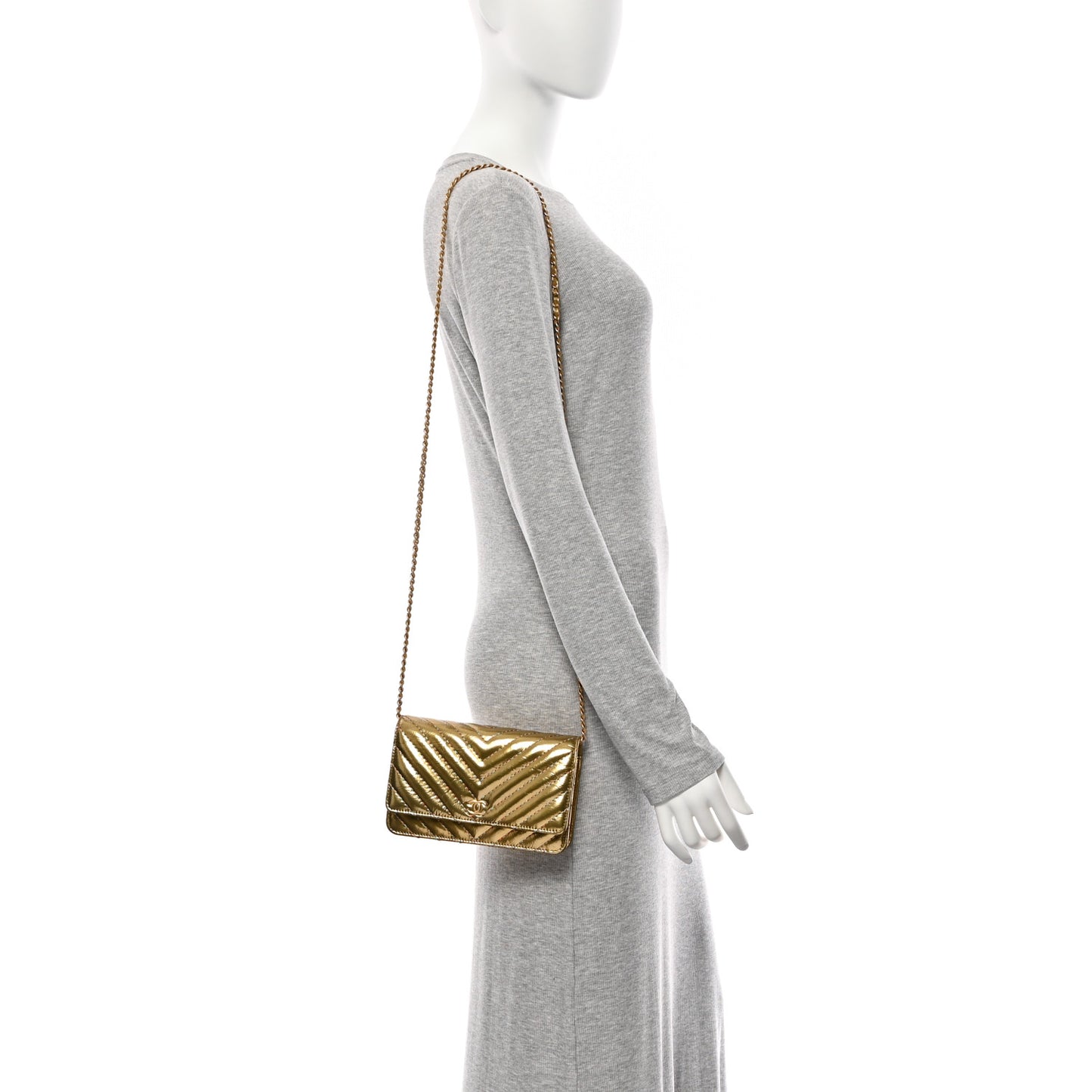 Metallic Aged Calfskin Chevron Quilted Multicolor Stitch Wallet On Chain WOC Gold