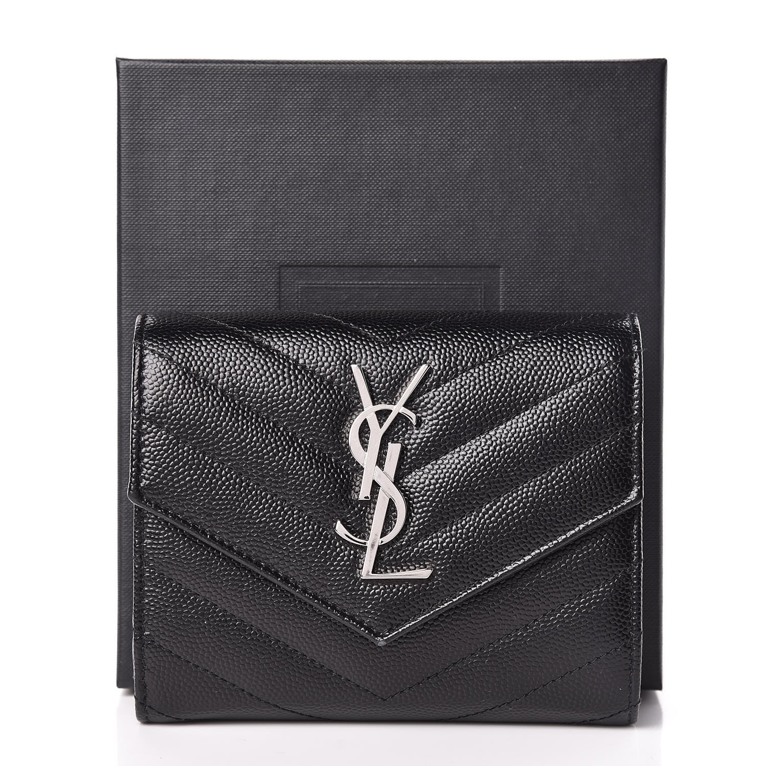 Saint Laurent Grain De Poudre Matelasse Chevron Monogram Compact Tri Fold Wallet Black 8 of 8
