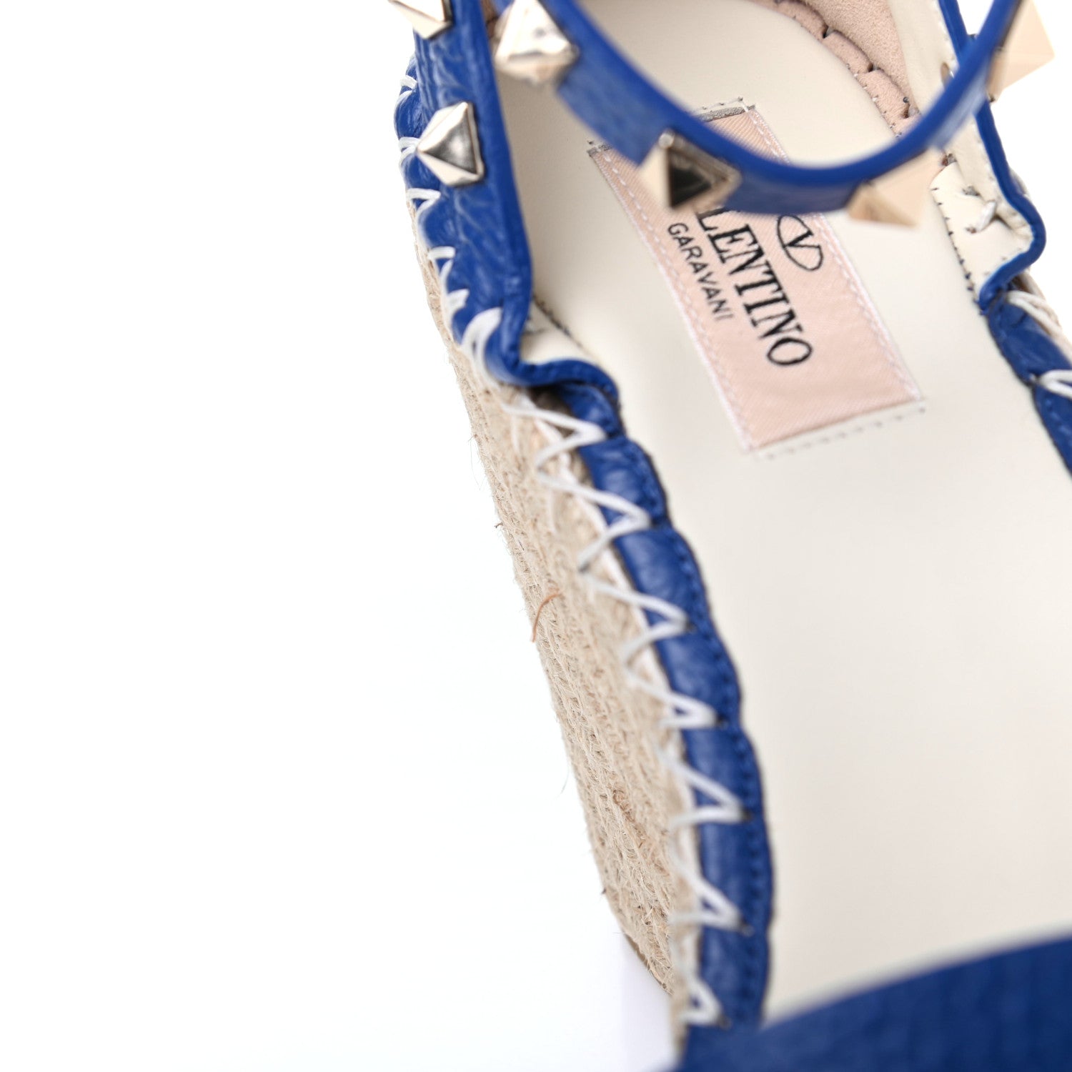 Valentino Garavani Grained Calfskin Rockstud Ankle Strap Espadrille 15/105mm Wedge Sandals 36 Blu Delft Natural 11 of 12
