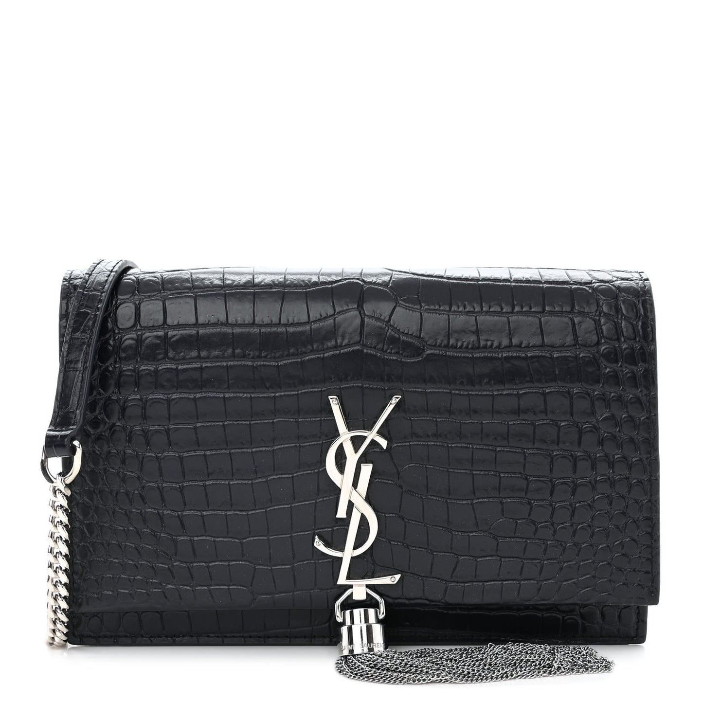 Calfskin Crocodile Embossed Kate Monogram Tassel Chain Wallet Deep Marine
