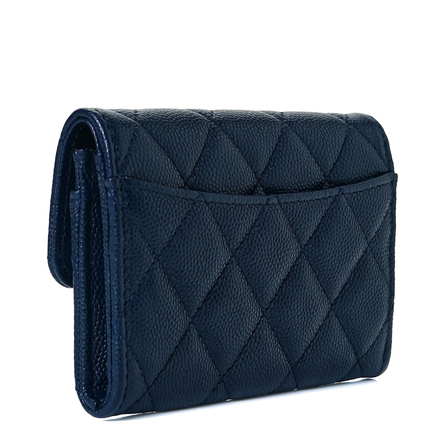 Caviar Quilted Flap Card Holder Wallet Navy Blue