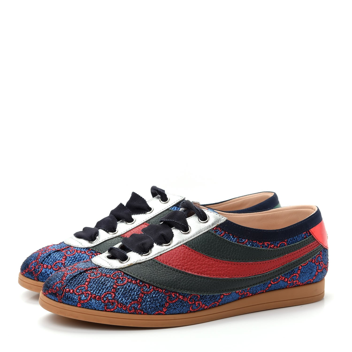 Gucci Lurex Calfskin Web GG Monogram Womens Falacer Sneakers 37 Iridescent Blue Iridescent Red Silver 3 of 11