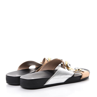 Fendi Metallic Nappa Crystal Flowerland Crisscross Slide Sandals 39 Argento Bronze Gold 4 of 7