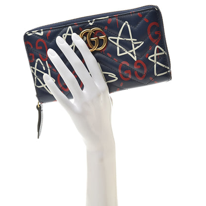 Gucci Calfskin Matelasse GucciGhost GG Marmont Zip Around Wallet Blue Agata Hibiscus Red 2 of 8