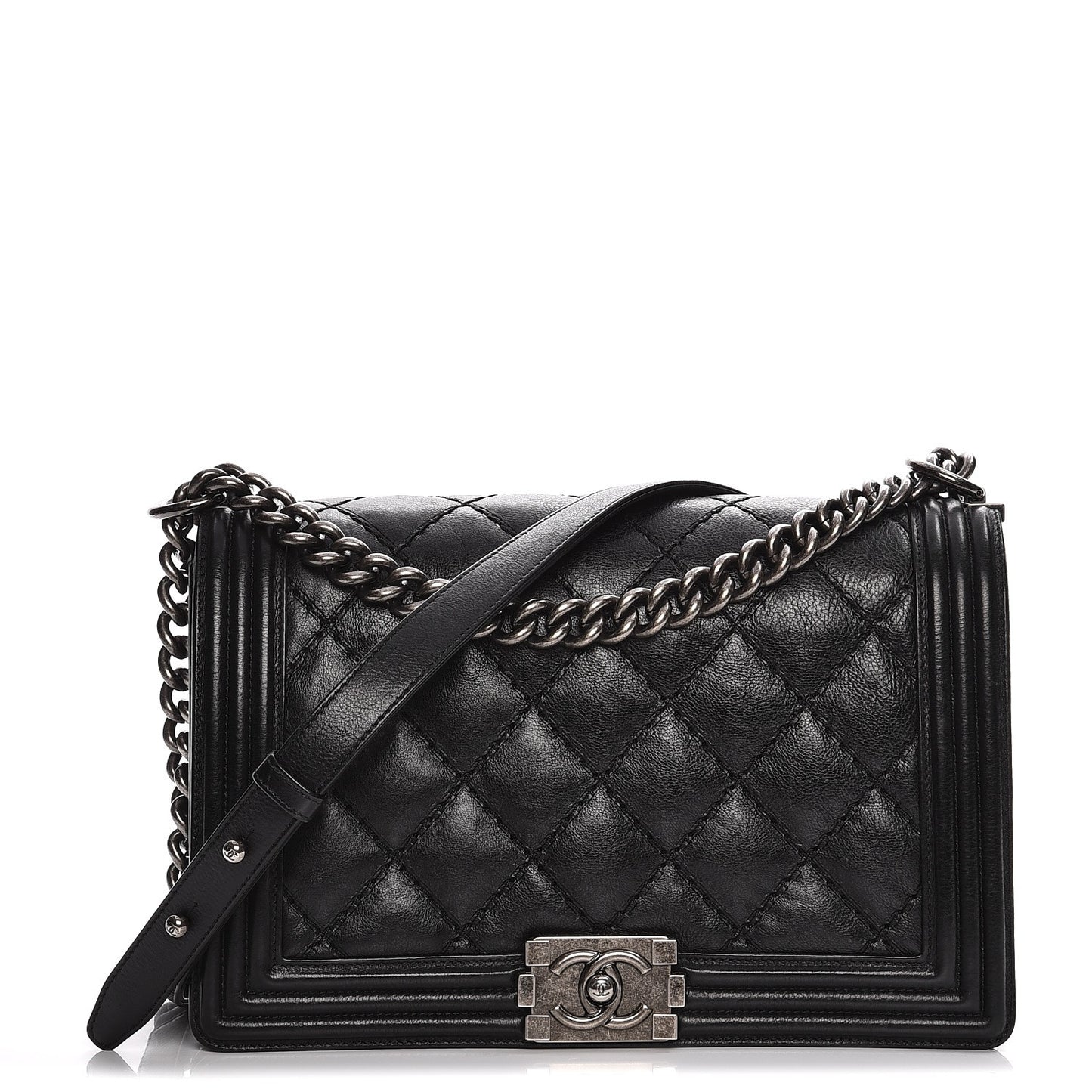 Calfskin Quilted Double Stitch New Medium Boy Flap Black
