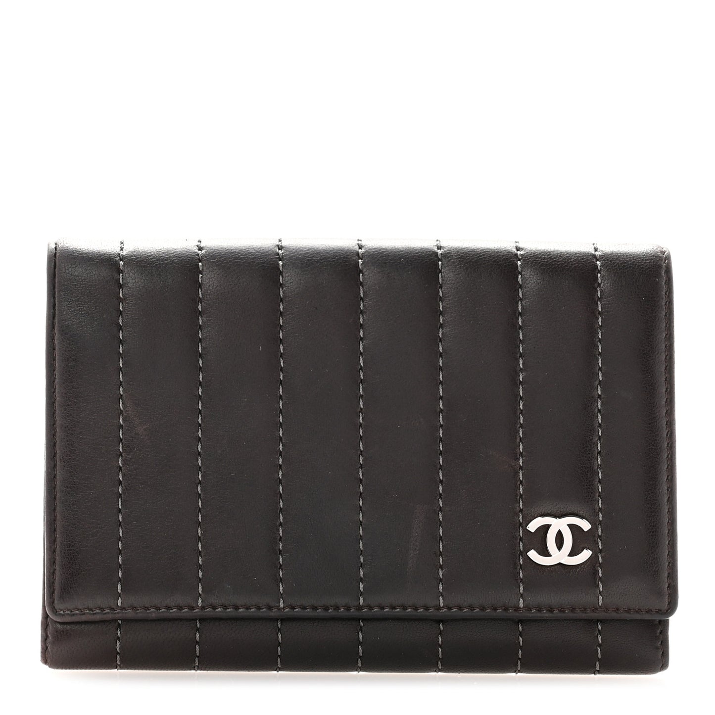 Lambskin Vertical Quilted Mademoiselle Compact Wallet Dark Brown