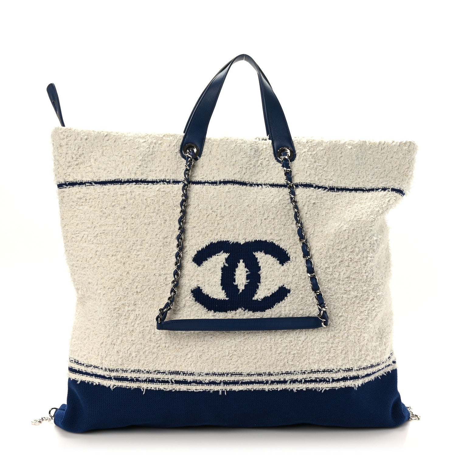 Chanel Tweed Fabric Deauville Biarritz Tote White Navy 1 of 8