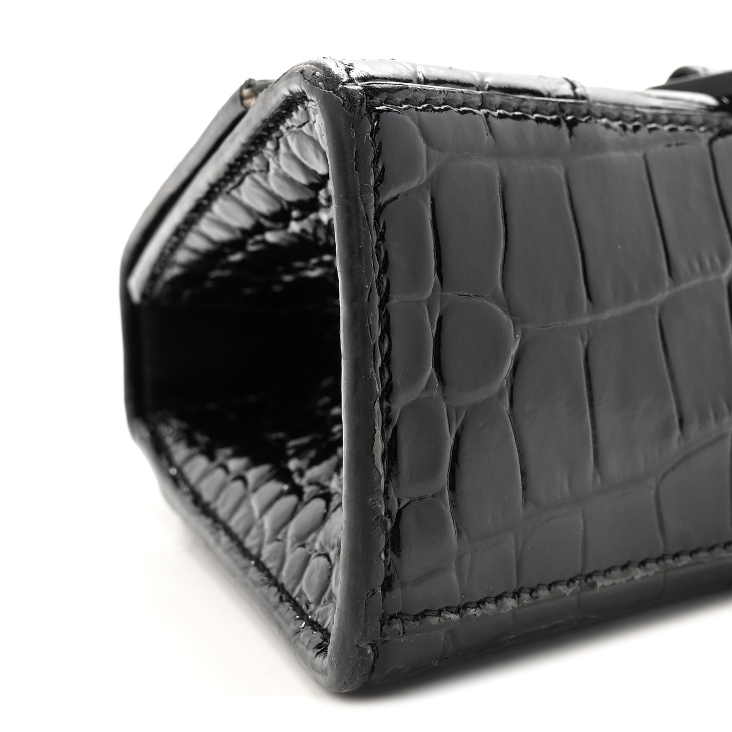 Balenciaga Shiny Calfskin Monochrome Crocodile Embossed Hourglass Top Handle Bag XS Black 8 of 9