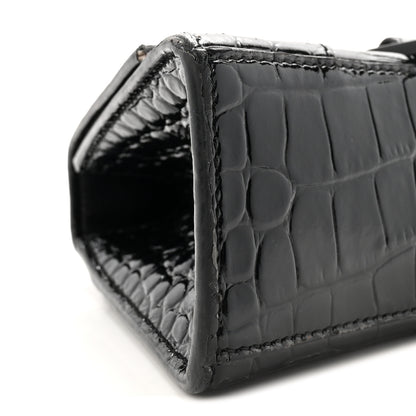 Balenciaga Shiny Calfskin Monochrome Crocodile Embossed Hourglass Top Handle Bag XS Black 8 of 9