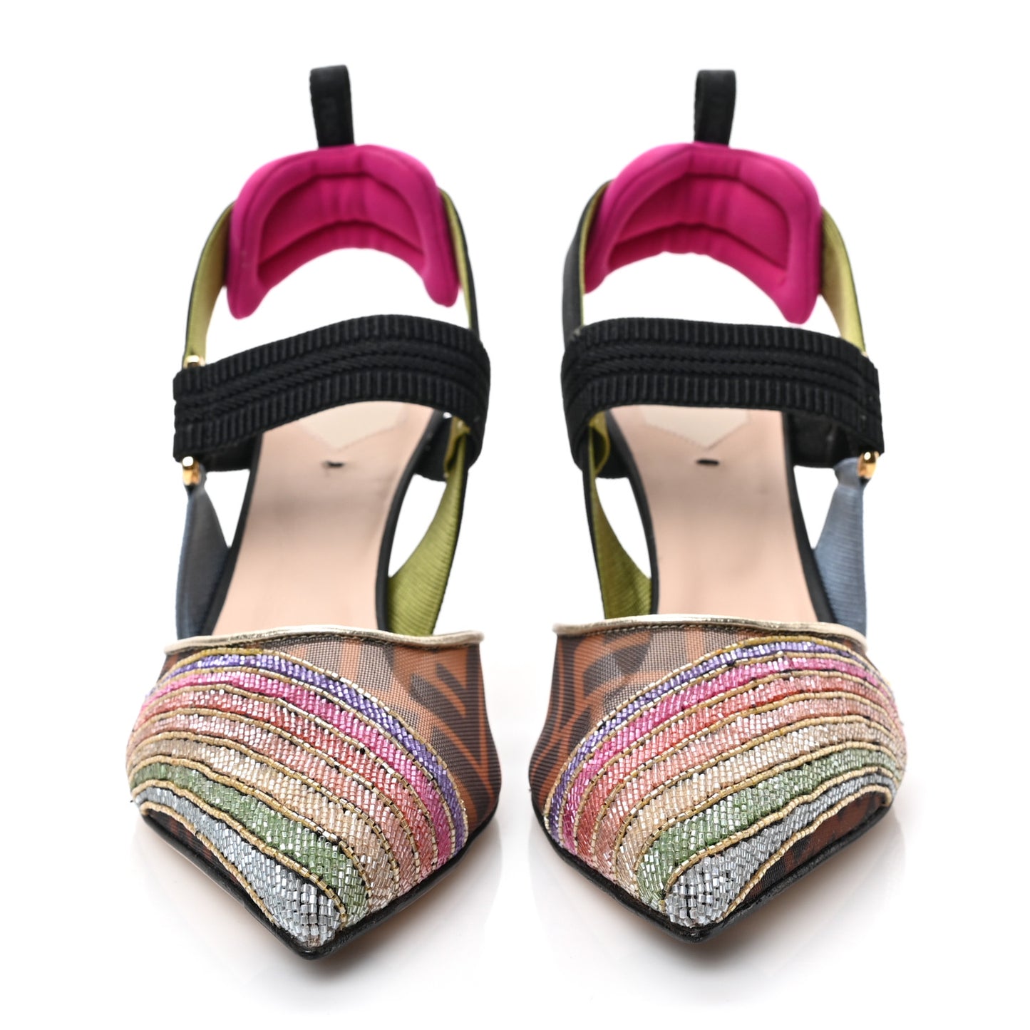 Technical Mesh FF Rainbow Beaded Colibri 85mm Slingback Pumps 37.5 Tobacco Black Multicolor