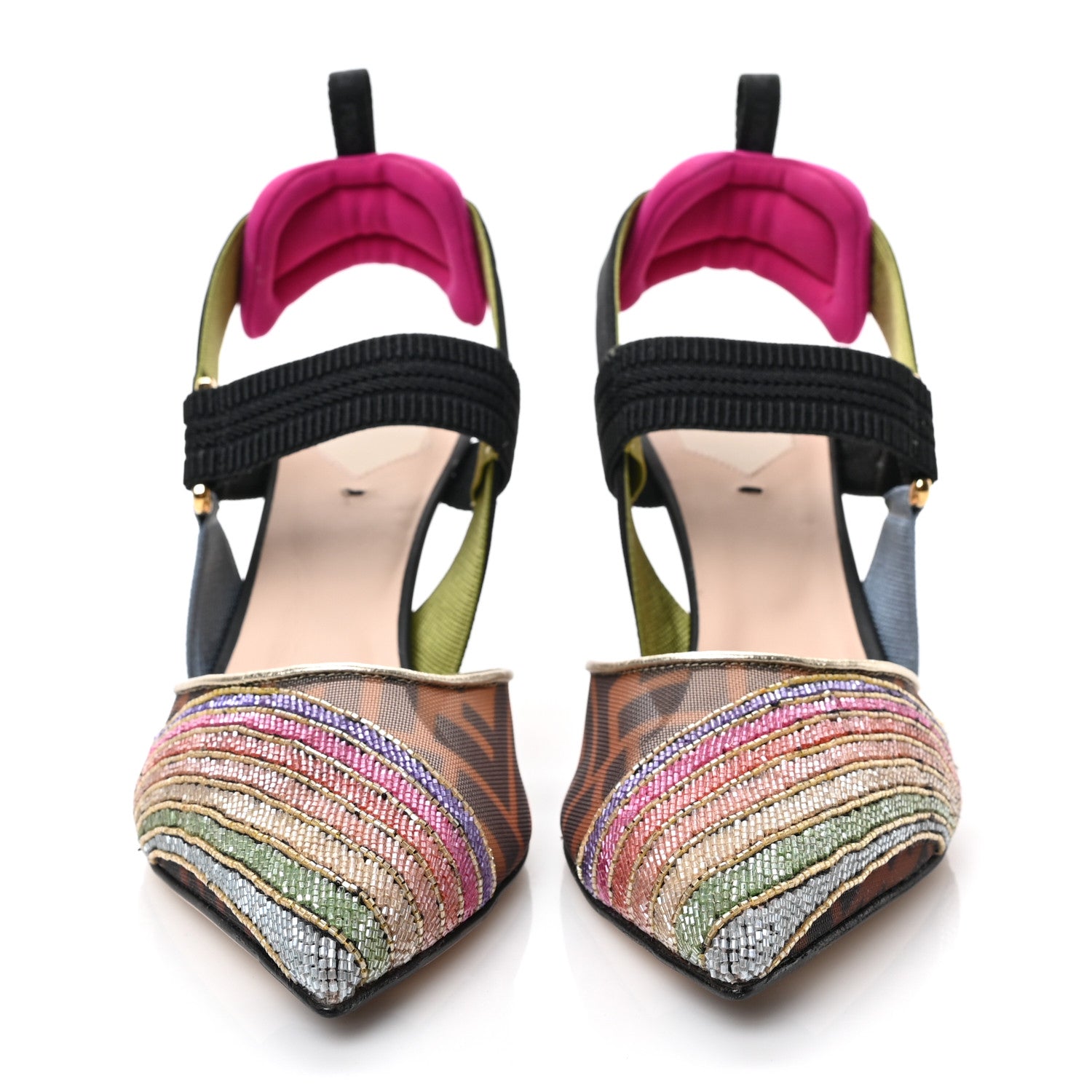Fendi Technical Mesh FF Rainbow Beaded Colibri 85mm Slingback Pumps 37.5 Tobacco Black Multicolor 3 of 16