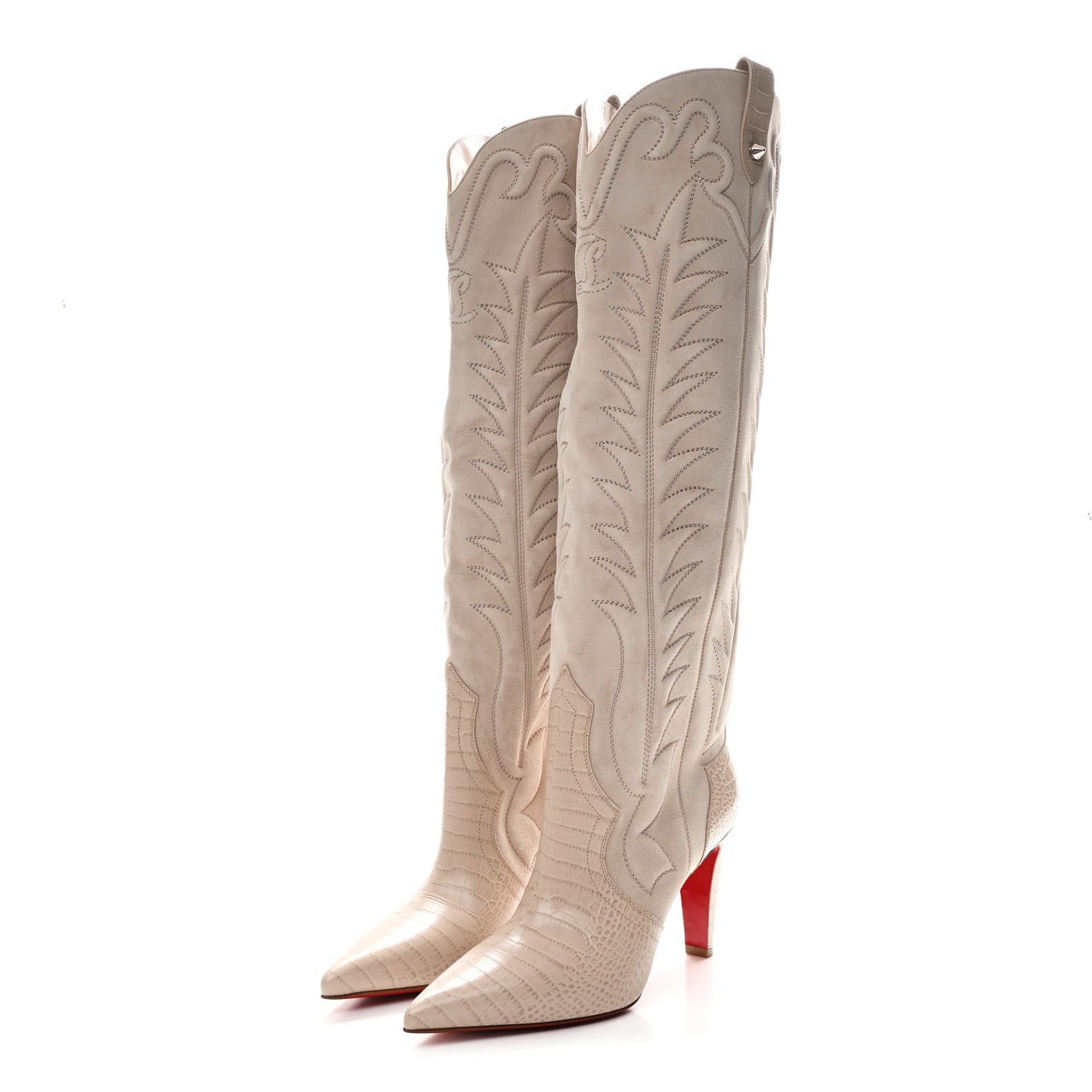 Calfskin Alligator Embossed Veau Velours Santia Botta 85 Tall Boots 40 Pearl