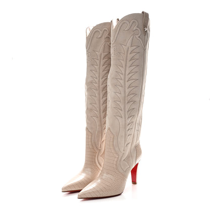 Christian Louboutin Calfskin Alligator Embossed Veau Velours Santia Botta 85 Tall Boots 40 Pearl 4 of 9