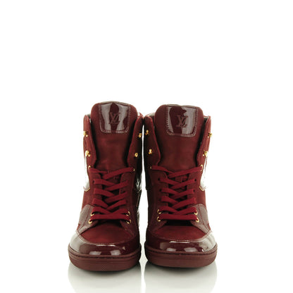Louis Vuitton Calfskin Patent Suede Monogram Cliff Top Wedge Sneakers 39 Bordeaux 2 of 9