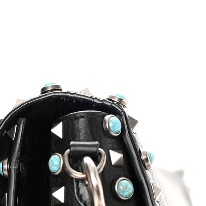 Valentino Garavani Pebbled Calfskin Turquoise Medium Guitar Strap Rockstud Rolling Flap Saddle Bag Black 14 of 17