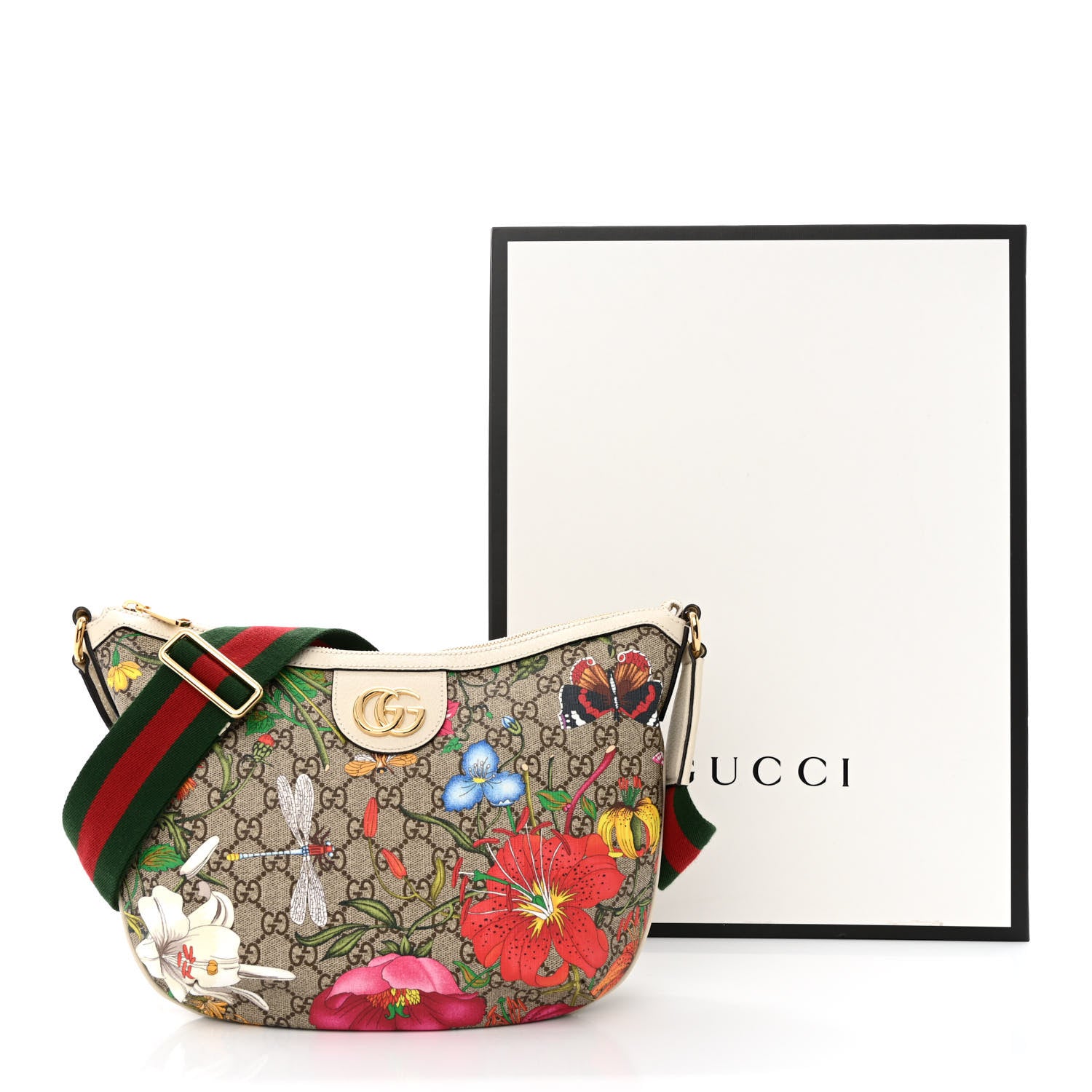 Gucci GG Supreme Monogram Flora Web Small Ophidia Half Moon Hobo White 12 of 12