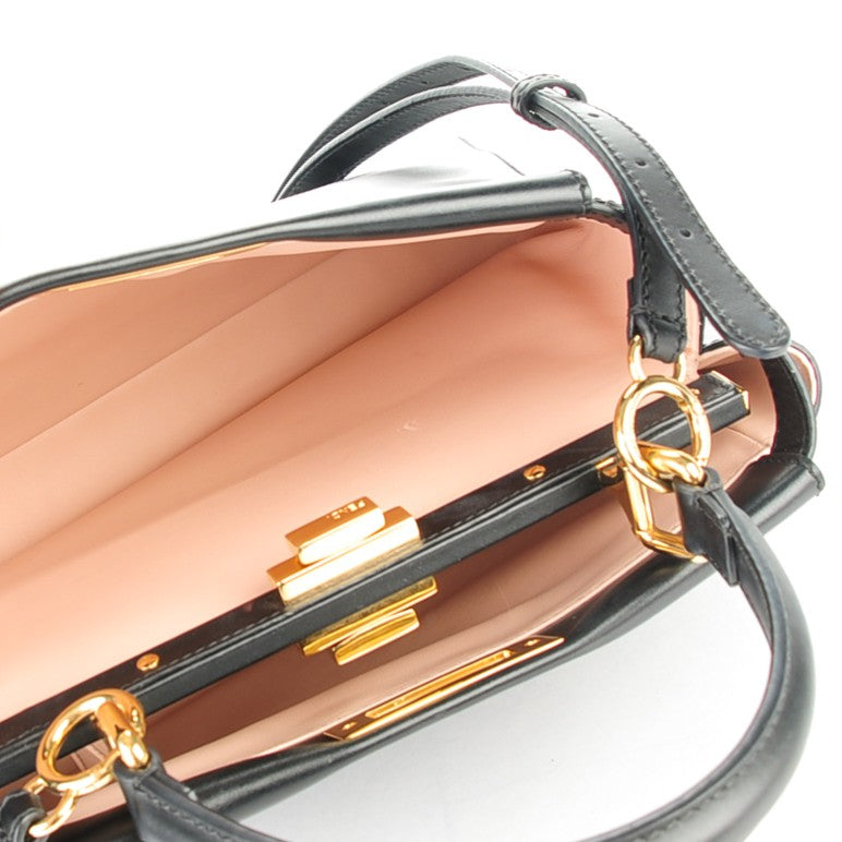 Vitello Morgan Shiny Nappa Medium Peekaboo Iconic Satchel Black Rosa Plaster