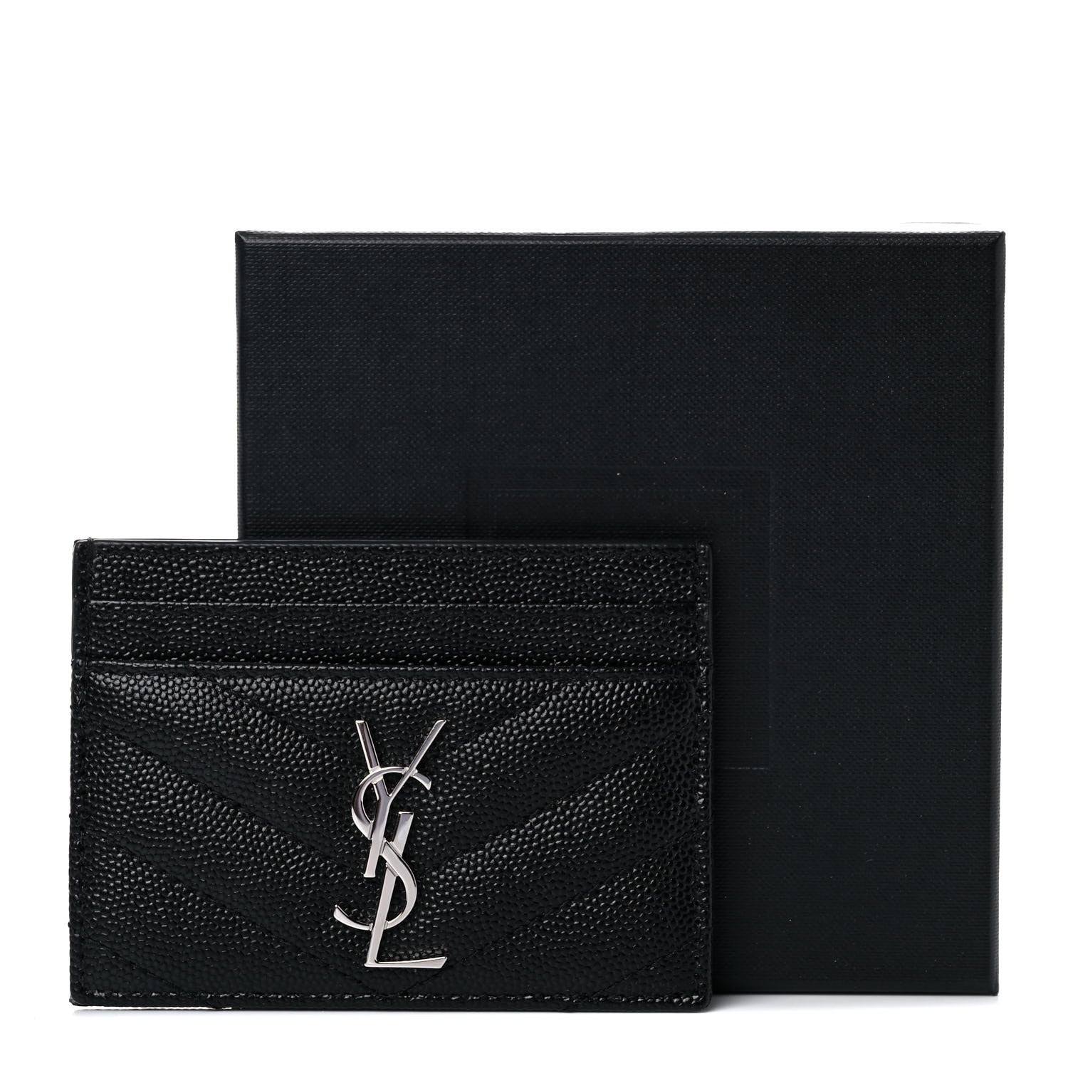 Saint Laurent Grain De Poudre Matelasse Chevron Monogram Credit Card Case Black 8 of 8