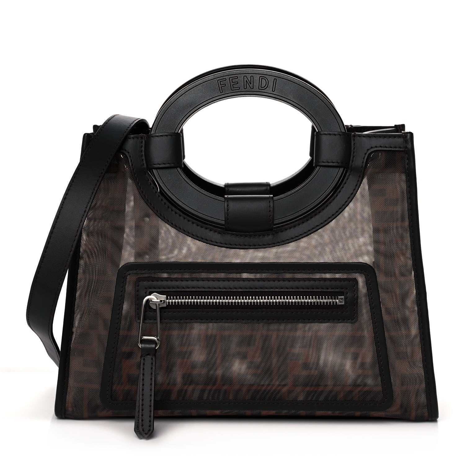 Fendi Mesh Vitello Century Cuoio FF 1974 Small Runaway Shopper Tote Marrone Black Ebano 1 of 16